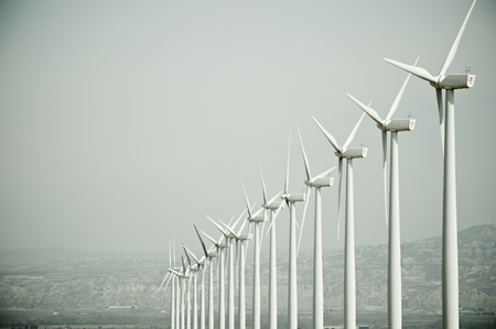 Windmills for electric power production, Pozuelo de Aragon, Zaragoza, Aragon, Spainの写真素材