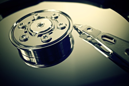 Closeup of an open computer hard driveの写真素材
