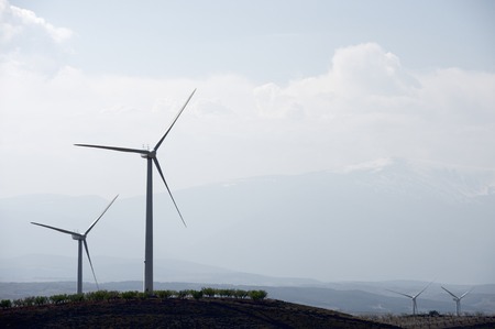 Windmills for electric power production, Pozuelo de Aragon, Zaragoza, Aragon, Spainの写真素材