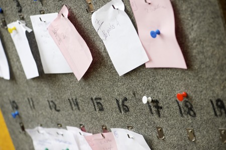 Plank with notes of table in a restaurant in Cuenca, Castilla La Mancha, Spain.の写真素材