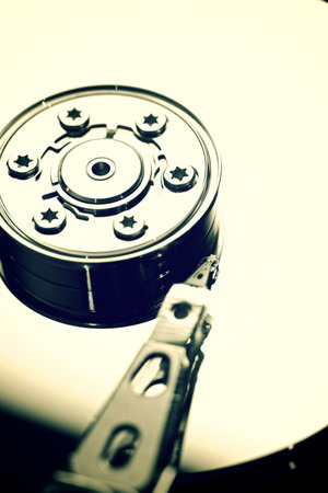 Closeup of an open computer hard drive