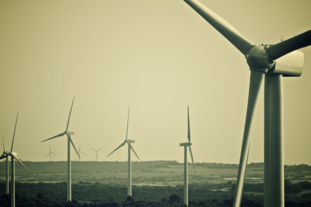 aligned group of windmills for renewable electric energy production, Zaragoza provine, Spain, Spain