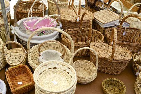 Group wicker baskets at a local flea market, Biescas, Pyrenees, Huesca, Spain.の写真素材