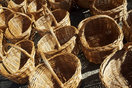 Group wicker baskets at a local flea market, Biescas, Pyrenees, Huesca, Spain.の写真素材