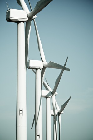 aligned group of windmills for renewable electric energy production, Cintruenigo, Navarre, Spain