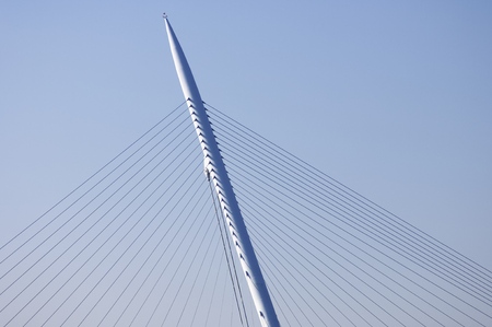 Close to the structure of a suspension bridge.
