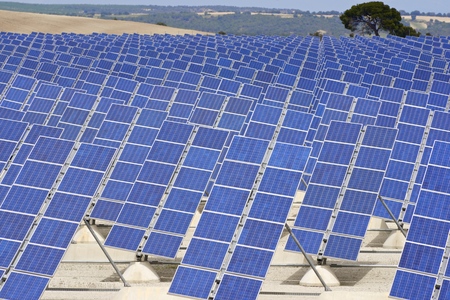 Photovoltaic panels for renewable electric production, Zaragoza province, Aragon, Spain.の写真素材