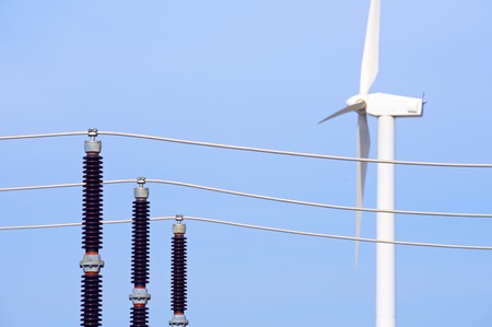 Windmill and electrical substation, Zaragoza province, Aragon, Spain.