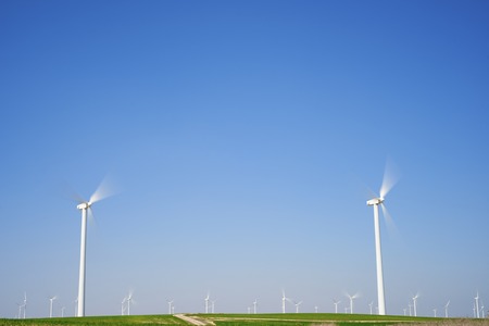 Windmills for electric power production, Pozuelo de Aragon, Zaragoza, Aragon, Spainの写真素材