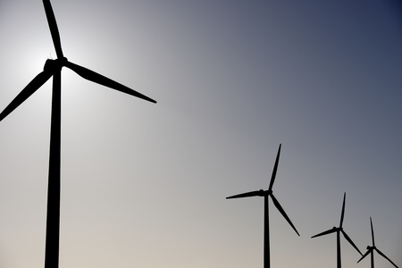 Windmills for electric power production, La Muela, Zaragoza Province, Aragon, Spain.