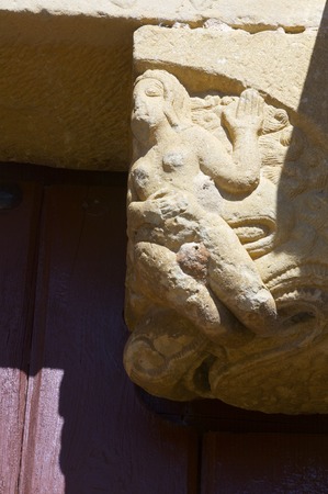 Closeup of the capitals in Santiago Church in Aguero, Huesca province, Aragon, Spain.の写真素材