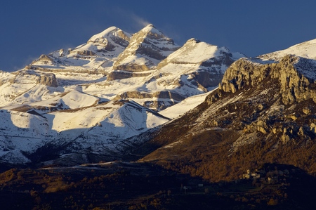 Sunset in snowy mountain, Ordesa National Park, Pyrenees, Huesca, Aragon, Spain.の写真素材