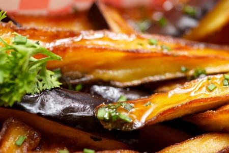 Close-up of an eggplant dish with honey.の写真素材