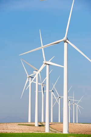 Windmills for electric power production, Pozuelo de Aragon, Zaragoza, Aragon, Spain.の写真素材