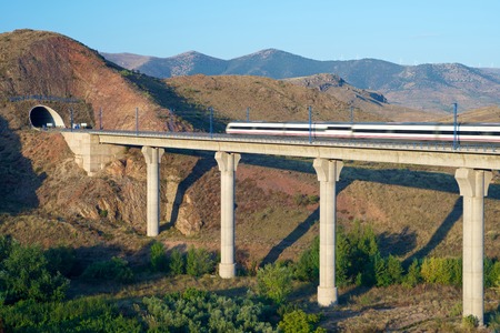 view of a high-speed train crossing a viaduct in Purroy, Zaragoza, Aragon, Spain. AVE Madrid Barcelona.のeditorial素材