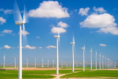 Windmills for electric power production, Zaragoza province, Aragon, Spain.の写真素材