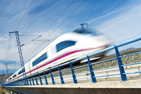 view of a high-speed train crossing a viaduct in Arandiga, Zaragoza, Aragon, Spain. AVE Madrid Barcelona.のeditorial素材