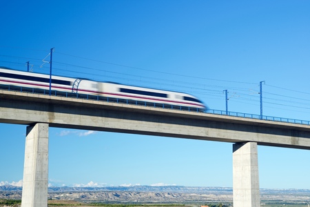 view of a high-speed train crossing a viaduct in Roden, Zaragoza, Aragon, Spain. AVE Madrid Barcelona.の写真素材