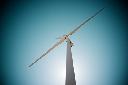 Windmill for electric power production at sunset, Pozuelo de Aragon, Zaragoza, Aragon, Spainの写真素材