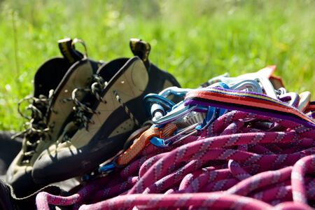 Climbing gear. Morata de Jalon, Zaragoza Province, Aragon, Spain.の写真素材