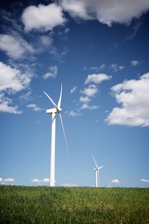 Windmills for electric power production, Zaragoza Province, Aragon, Spain.