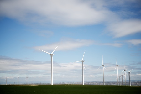 Windmills for electric power production, Zaragoza Province, Aragon, Spain.