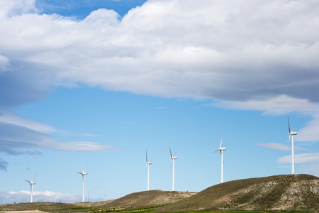 Windmills for electric power production, Zaragoza province, Aragon, Spain.