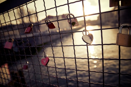 Love padlock on the railing of a bridge, Berlin, Germany.の写真素材