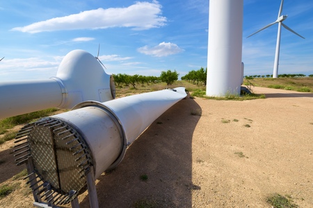 Repair work on the propeller of a windmill, Zaragoza Province, Aragon, Spain.