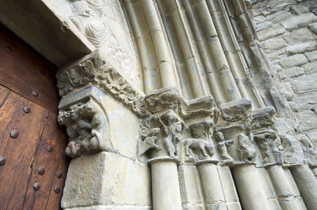 romanesque front in spanish church, Nuestra Senora de Baldos, Montanana, Huesca Province, Aragon, Spain.の写真素材