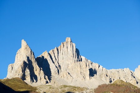 Peaks in Lescun Cirque. On the left Petite Aiguille Ansabere and to the right Grand Aiguille Ansabere. Aspe Valley, Pyrenees, France.の写真素材