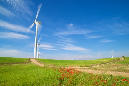 Windmills for electric power production, Zaragoza province, Aragon, Spain.