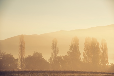 Sunrise with fog in the Pyrenees, Huesca Province, Aragon, Spain.の写真素材