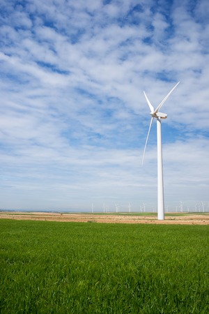 Windmills for electric power production, Zaragoza province, Aragon, Spain.