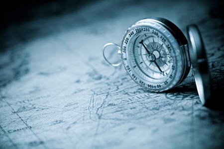 Vintage compass and old navigation map.の写真素材