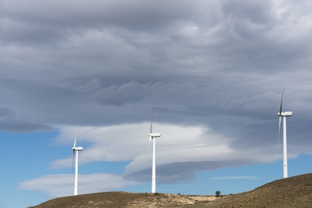 Windmills for electric power production, Zaragoza province, Aragon, Spain.
