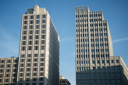 View from below of a skyscrapers in Postdamer Platz, Berlin, Germany.の写真素材