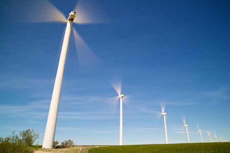 Windmills for electric power production, Zaragoza province, Aragon, Spain.