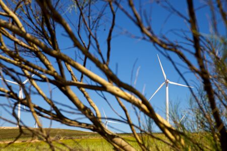 Windmills for electric power production, Zaragoza province, Aragon, Spain.