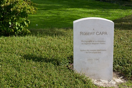 Bayeux, France - August 20, 2014: Stone devoted to the photographer Robert Capa, located around the museum dedicated to the Normandy overload.のeditorial素材