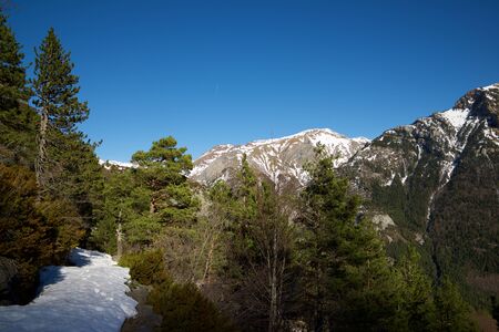 Snowy peaks in Canfranc Valley, Pyrenees, Huesca, Aragon, Spain.