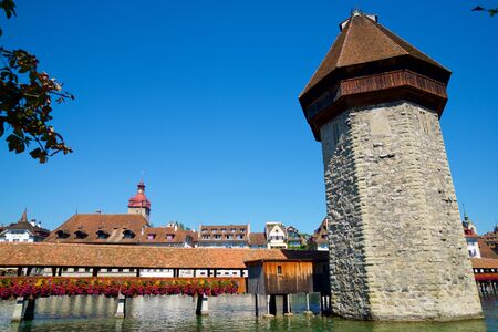 Famous Chapel Bridge view in old town of Lucerne in Switzerland.の写真素材