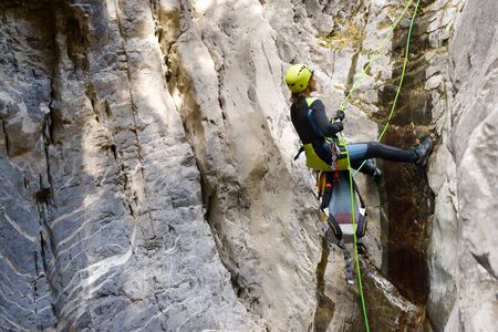 Canyoning in Lapazosa Canyon, Bujaruelo Valley, Pyrenees, Huesca Province, Aragon, Spain.の写真素材