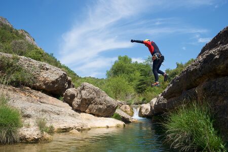 Canyoning in Gorgonchon Canyon, Guara Mountains, Huesca Province, Aragon, Spain.の写真素材