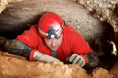 Caving in Niguella Cave, Zaragoza Province, Aragon, Spain.の写真素材