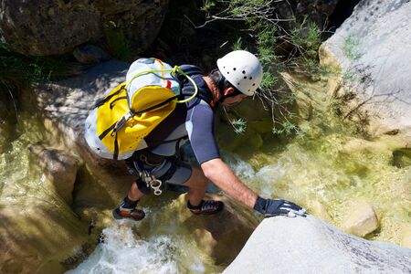 Canyoning in Lucas Canyon, Tena Valley, Pyrenees, Huesca Province, Aragon, Spain.の写真素材