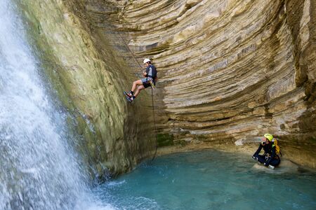 Canyoning in Lucas Canyon, Tena Valley, Pyrenees, Huesca Province, Aragon, Spain.の写真素材