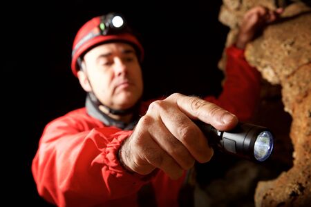 Caving in Cat Cave, Zaragoza Province, Aragon, Spain.の写真素材