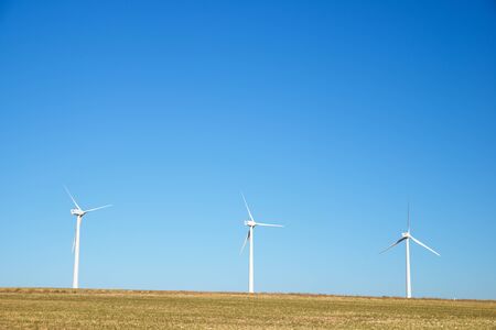 Windmills for electric power production, Zaragoza province, Aragon, Spain.