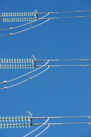 Power line and clear sky in Zaragoza province, Aragon in Spain.の写真素材